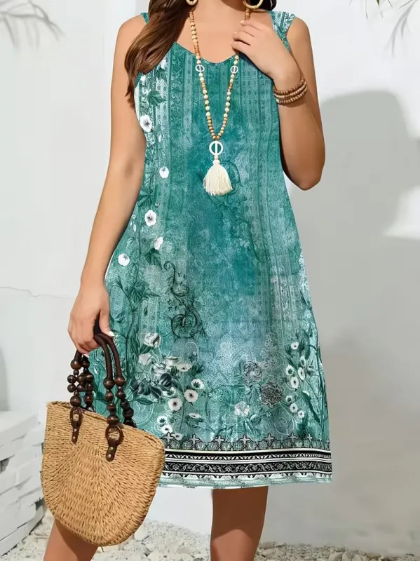 Plus Size Boho Floral Print Sleeveless Midi Dress – Women's Vintage Ethnic Border Dress made by Zulily