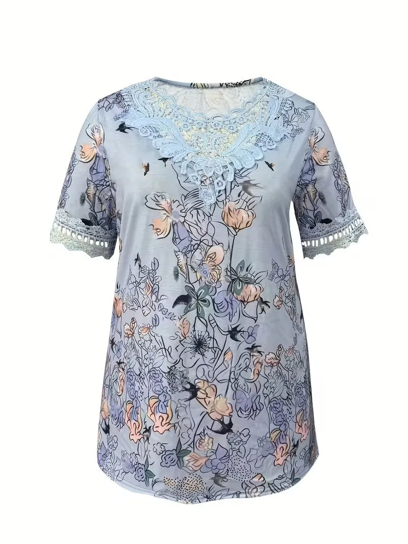 Plus Size Floral Print Lace-Trim Top – Women's V-Neck Short Sleeve Elegant Blouse sold by Zulily product image thumbnail 4