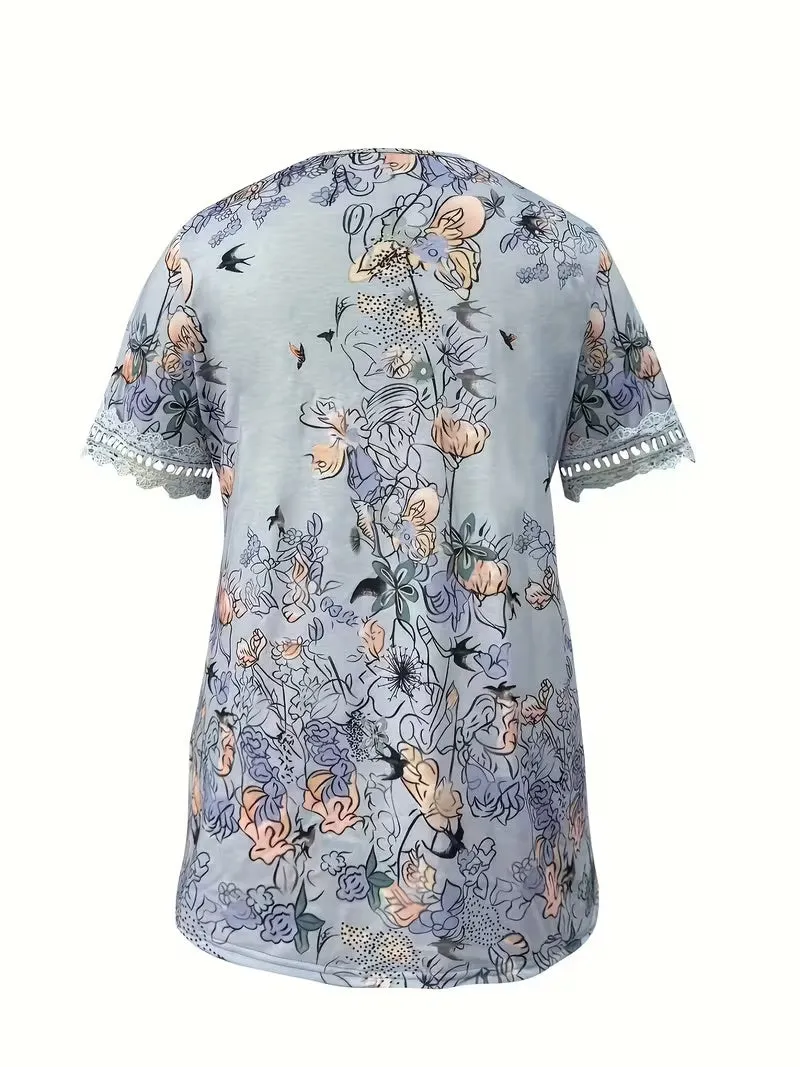 Plus Size Floral Print Lace-Trim Top – Women's V-Neck Short Sleeve Elegant Blouse sold by Zulily product image thumbnail 2