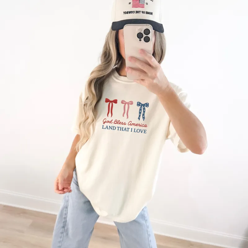 God Bless America Bow Graphic Tee – Patriotic Red White Blue Shirt made by Zulily