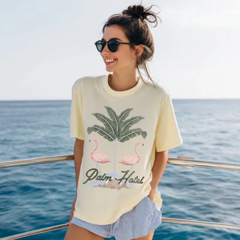 Palm Oasis Flamingo Graphic Tee | Beach Vacation Aesthetic Tee | Summer Resort Style | made by Zulily