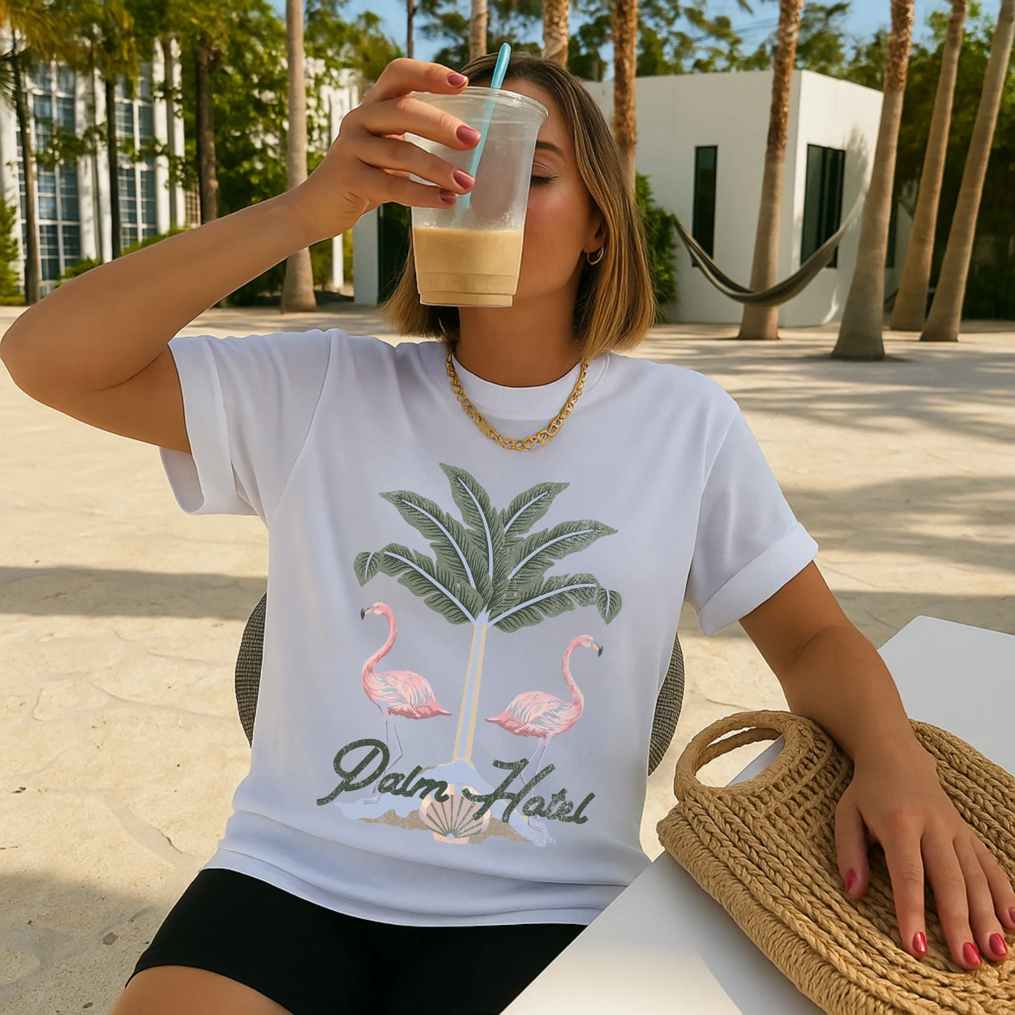 Palm Oasis Flamingo Graphic Tee | Beach Vacation Aesthetic Tee | Summer Resort Style | sold by Zulily product image thumbnail 3