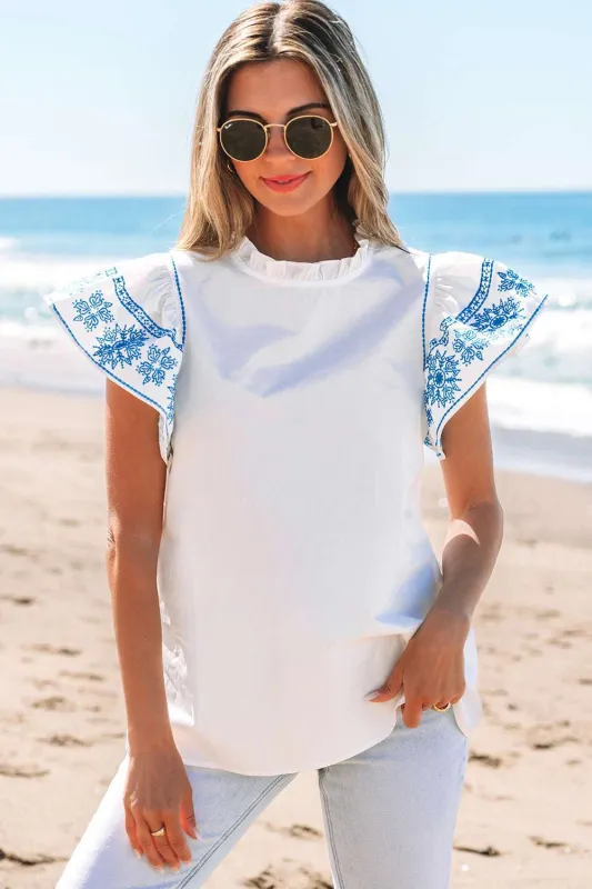 Vienna Embroidered Ruffled Sleeve Blouse - White / M - 8/10 made by Threaded Pear
