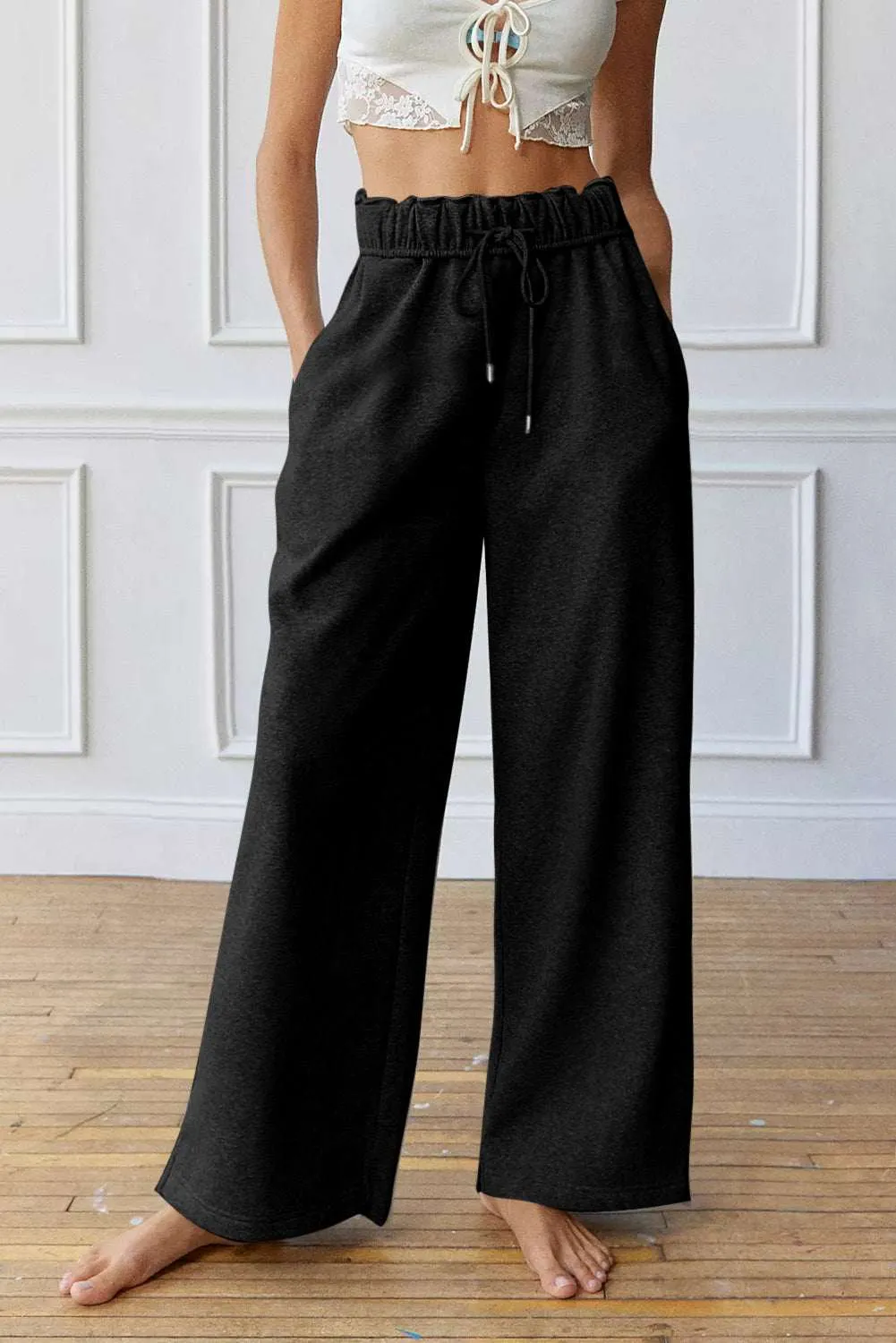 Greta Elastic High Waist Drawstring Sweatpants - Black / S - 4/6 sold by Zulily