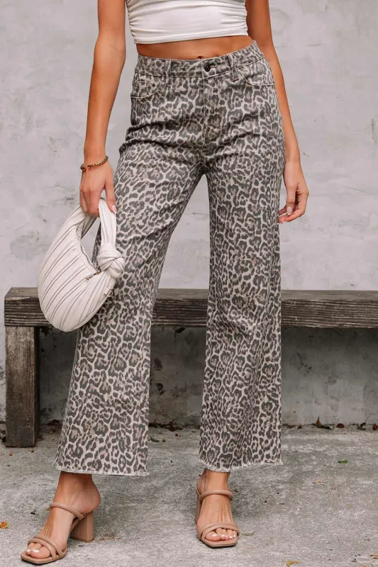 Brianna Leopard Frayed Edge Wide Leg High Waist Jeans - Brown / 6 made by Threaded Pear