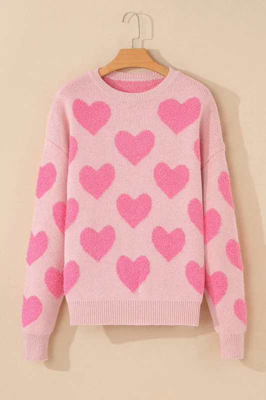 Cali Heart Jacquard Knit Sweater - Light Pink / L - 12/14 made by Threaded Pear