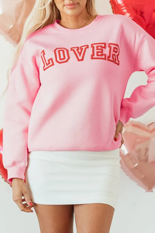 Raya LOVER Puff Print Drop Shoulder Pullover Sweatshirt - Pink / S - 4/6 made by Threaded Pear