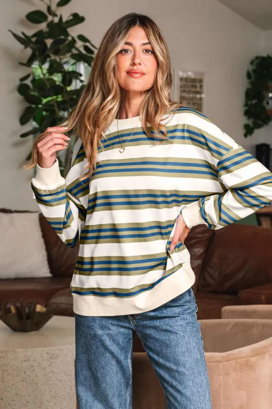 Rose Stripe Crew Neck Pullover Sweatshirt - Khaki Stripe / M - 8/10 made by Threaded Pear