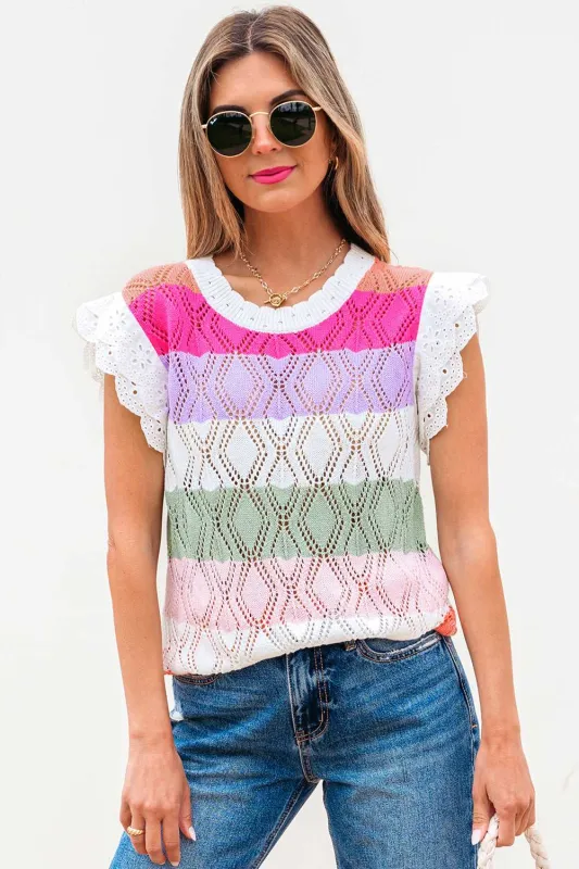 Alena Hollowed Knit Scallop Edge Sweater Vest - Rose Stripe / M - 8/10 made by Threaded Pear
