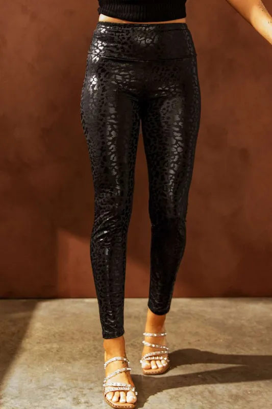 Adelaide Shiny Leopard Textured Leggings - Black / M - 8/10 made by Threaded Pear