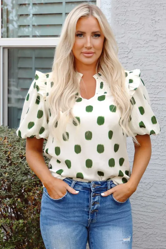 Nylah Polka Dot Shirred Yoke Blouse made by Threaded Pear