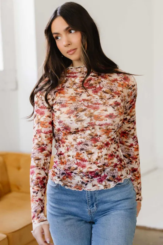 Virginia Floral Print Mesh Long Sleeve Top - Red / L - 12/14 made by Threaded Pear