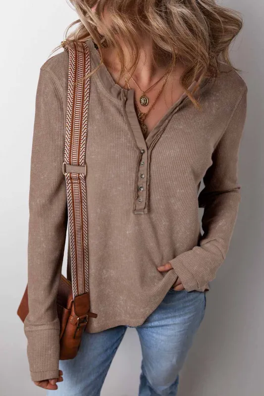 Zahra Waffle Knit Neckline Long Sleeve Top - Coffee / L - 12/14 made by Threaded Pear