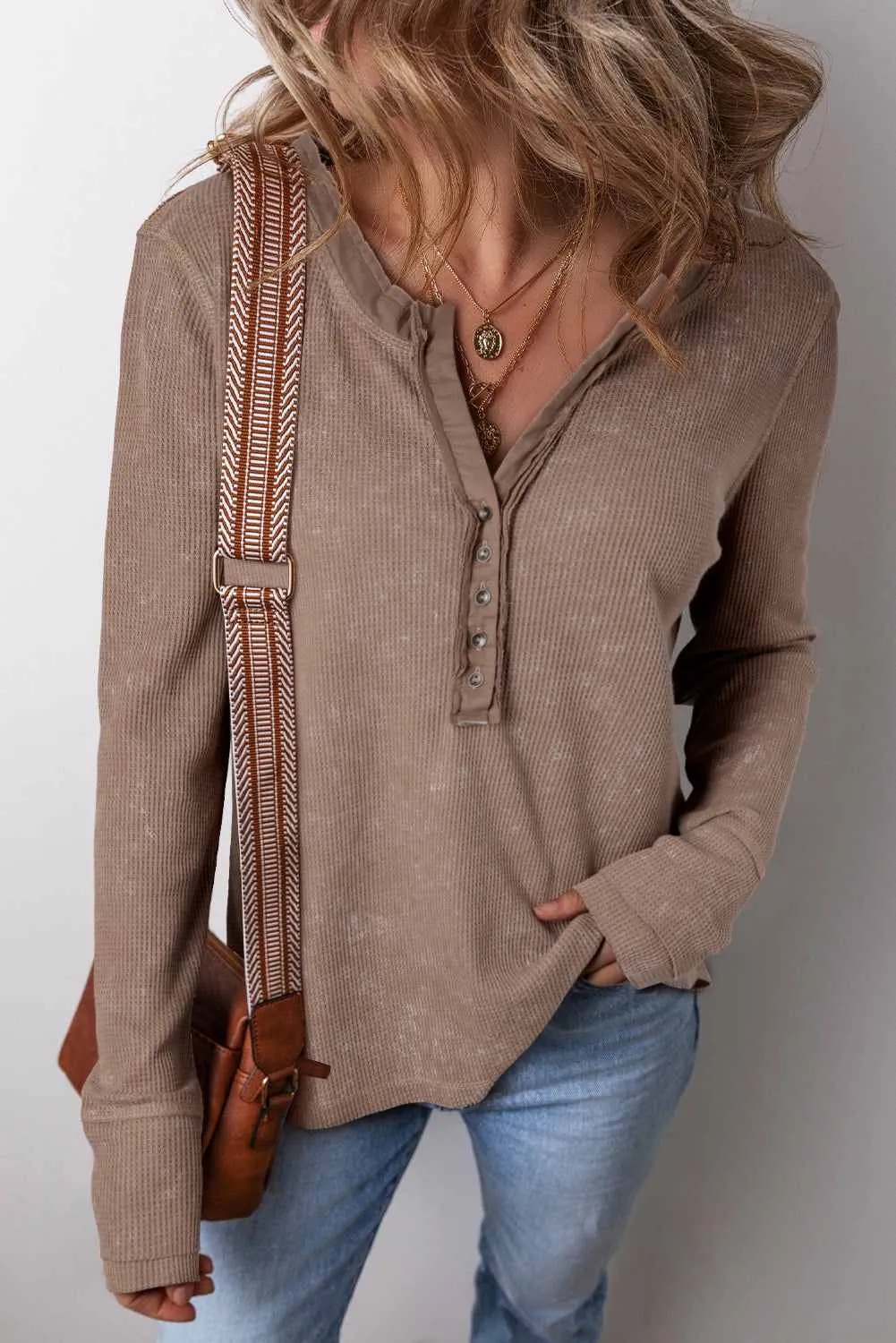 Zahra Waffle Knit Neckline Long Sleeve Top - Coffee / L - 12/14 sold by Zulily