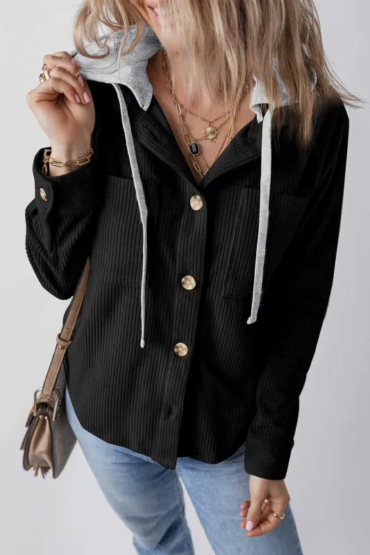 Isabella Hooded Drawstring Corduroy Shacket - Color Black / L - 12/14 made by Threaded Pear
