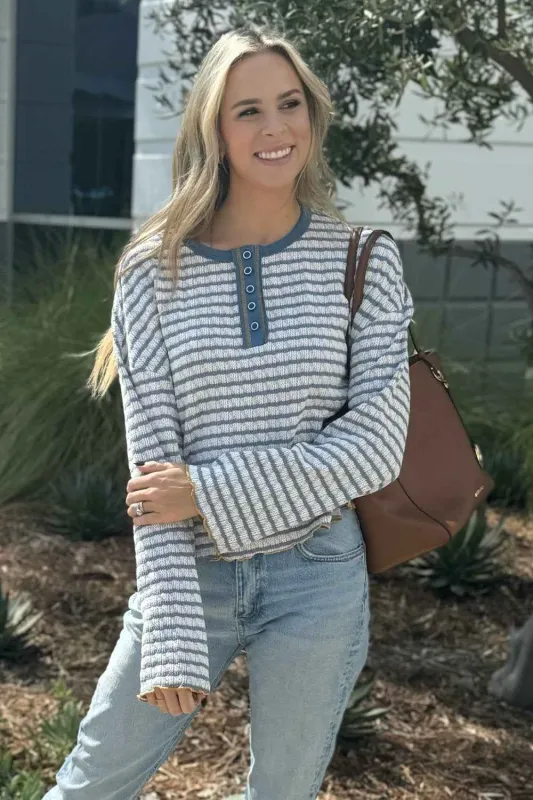 Victoria Henley Top - Sky Blue Stripe / M - 8/10 made by Threaded Pear