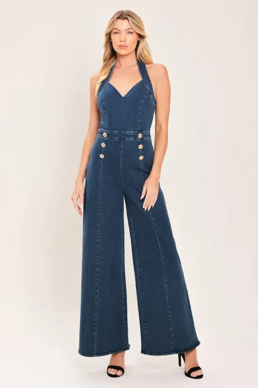Blue Jean Halter Denim Jumpsuit made by Flying Tomato
