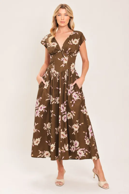 Brown Daisy Woven Midi Dress made by Flying Tomato
