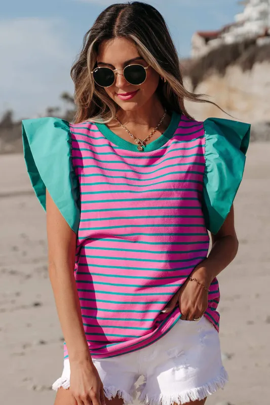 Adrianna Stripe Ruffled Sleeve Crew Neck Blouse - Pink Stripe / S - 4/6 made by Threaded Pear