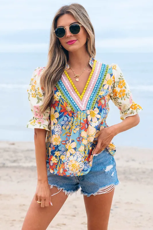 Gwen Crochet V Neck Boho Floral Blouse - Multicolour / S - 4/6 / 100%Polyester made by Threaded Pear