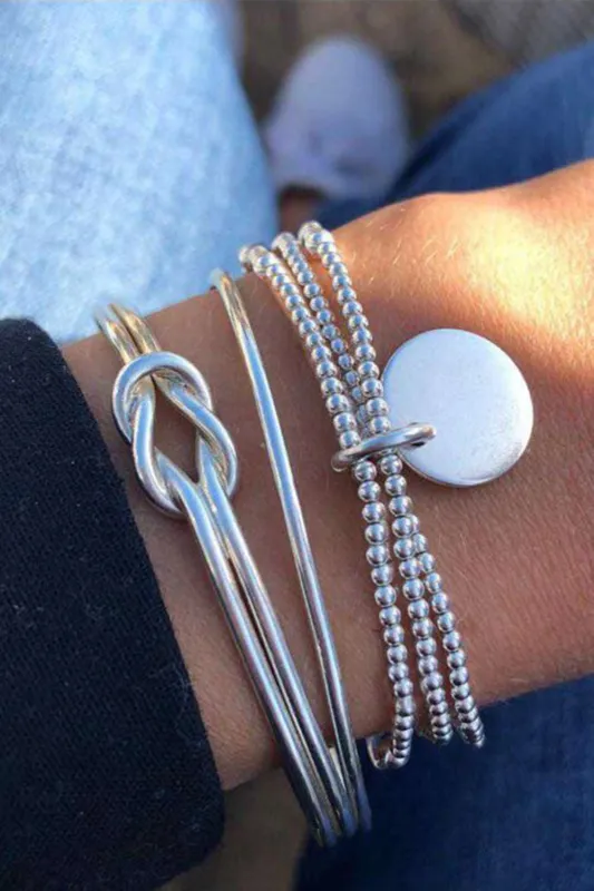 Silver Knotted Beaded 3-piece Bracelet Set - Silver / ONE SIZE / 100%Alloy made by Threaded Pear