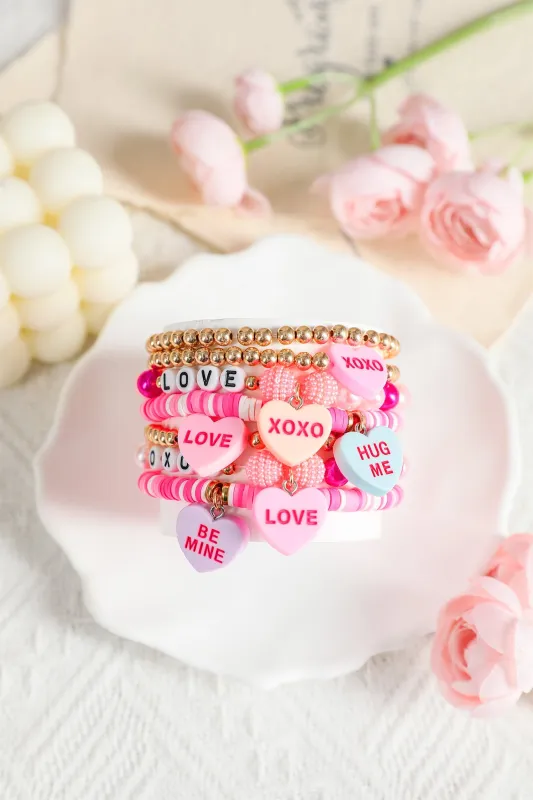 Valentine Heart Pendant Beaded Elastic Bracelet - Pink / ONE made by Threaded Pear