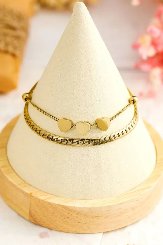 Gold Triple Heart Double Layer Adjustable Chain Bracelet - Gold / ONE SIZE made by Threaded Pear