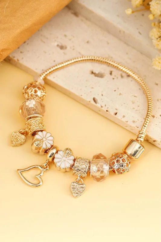 Gold Flower Heart Charm Plated Alloy Bracelet - Gold / ONE SIZE made by Threaded Pear