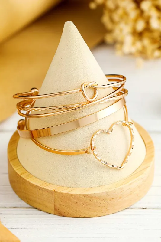 Gold Heart Knot Plated Multi Layer Open Cuff Bracelet Set - Gold / ONE SIZE made by Threaded Pear
