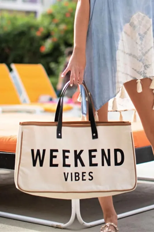 Alicia WEEKEND VIBES Canvas Tote - White / 19in X 8.5in X 5in made by Threaded Pear