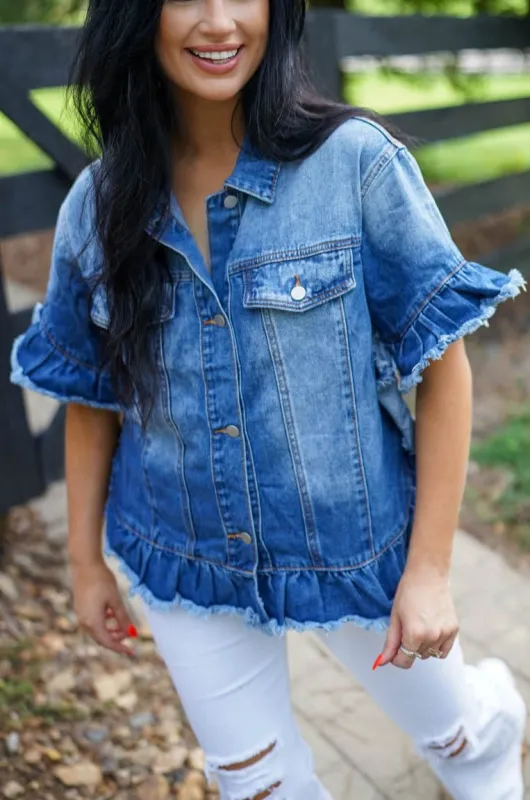 Luisa Ruffled Short Sleeve Denim Jacket made by Threaded Pear