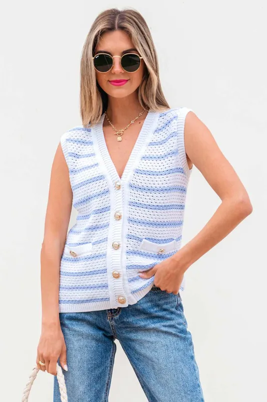 Veda V Neck Gold Buttons Elegant Sweater Vest - Sky Blue Stripe / S - 4/6 made by Threaded Pear