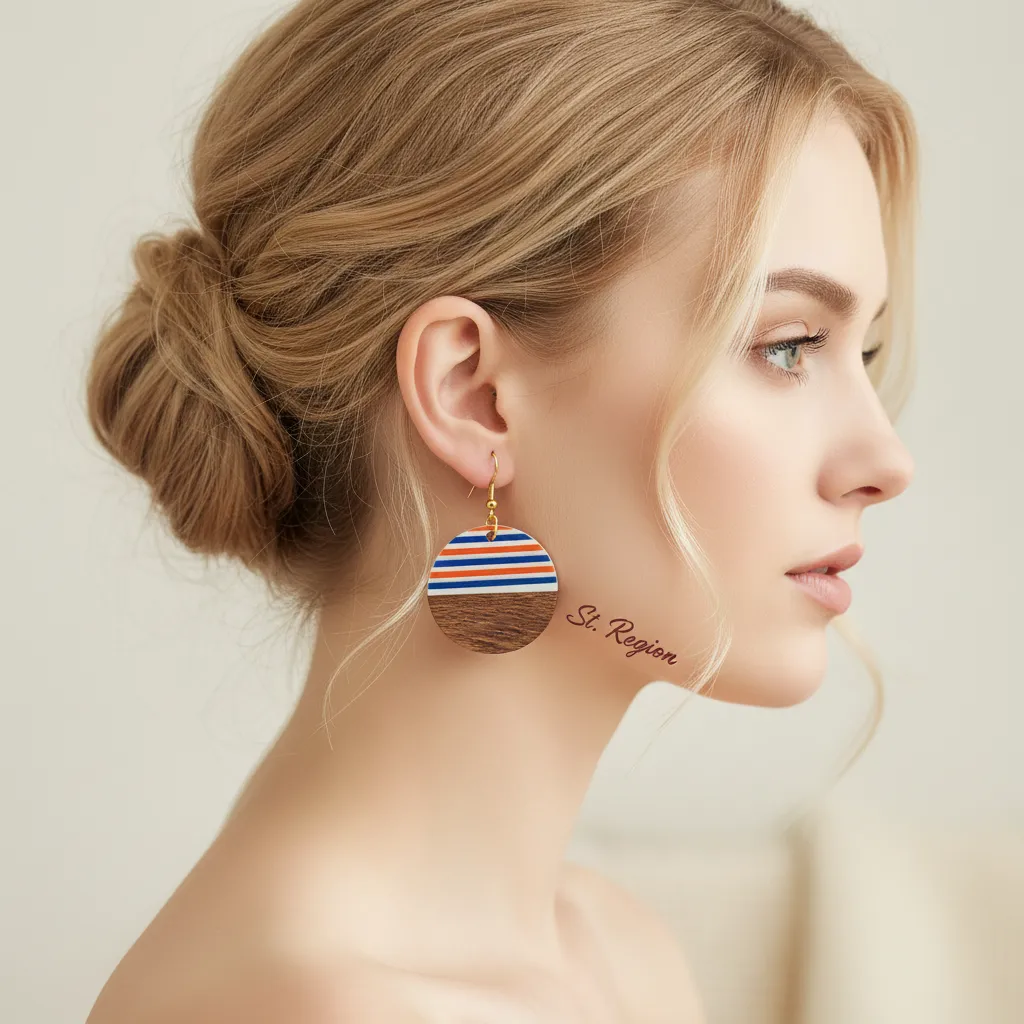 Orange & Blue Resin Wood Goldtone Striped Circular Hook Earrings sold by Zulily product image thumbnail 5