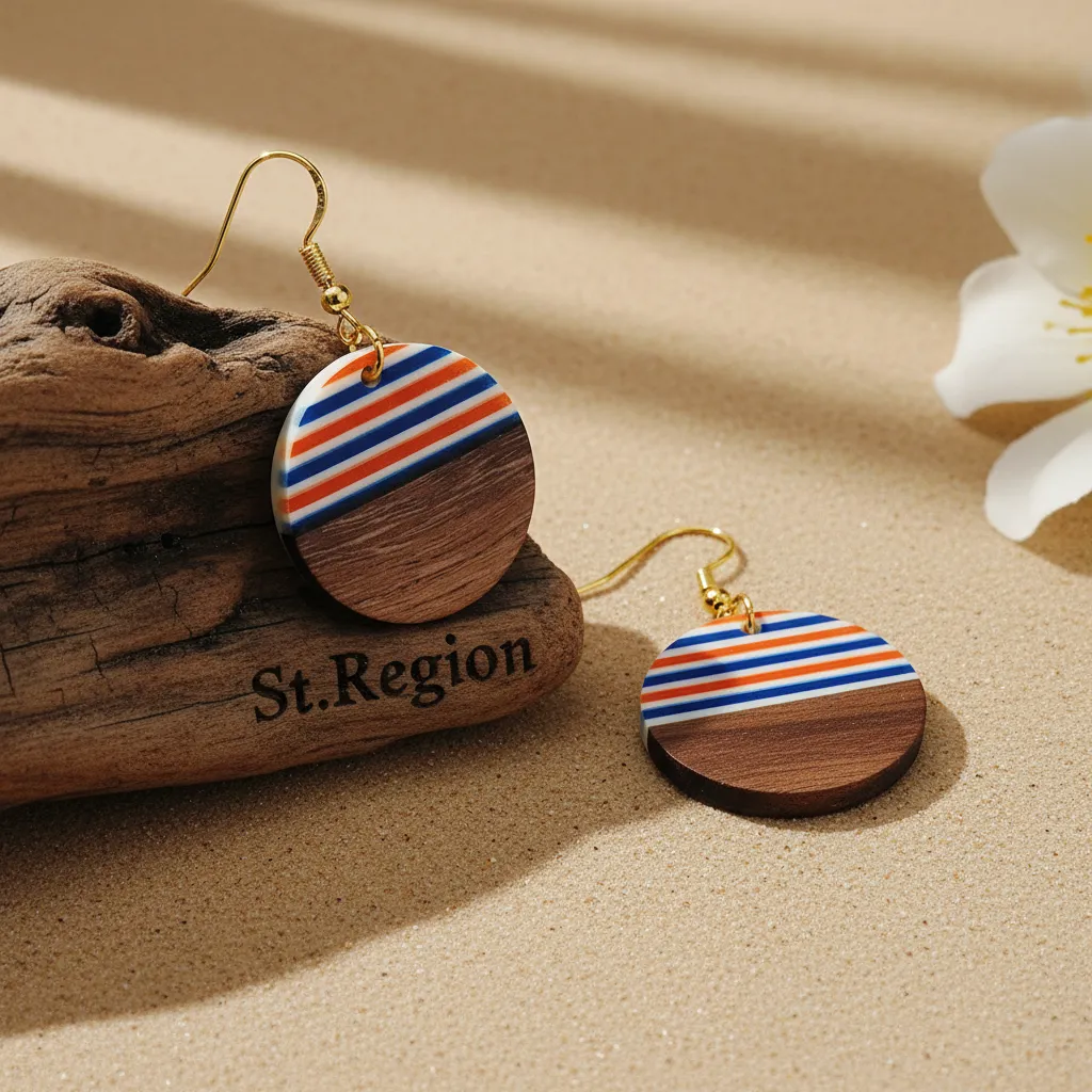 Orange & Blue Resin Wood Goldtone Striped Circular Hook Earrings sold by Zulily