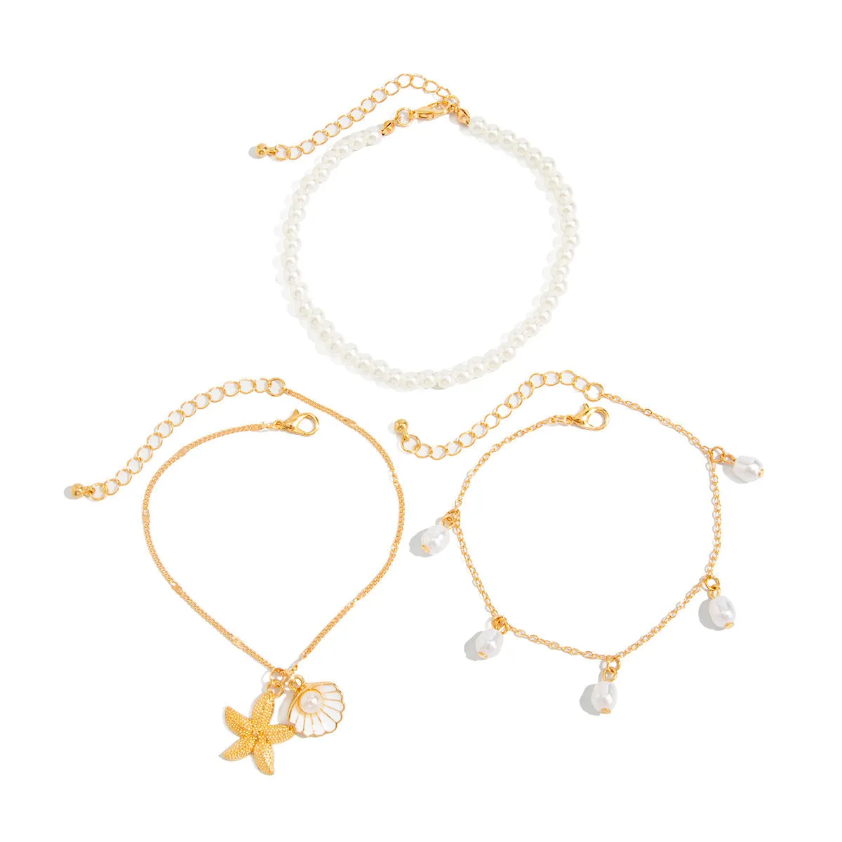 Pearl & White Enamel Goldtone Shell Starfish Charm Anklet Set sold by Zulily product image thumbnail 2