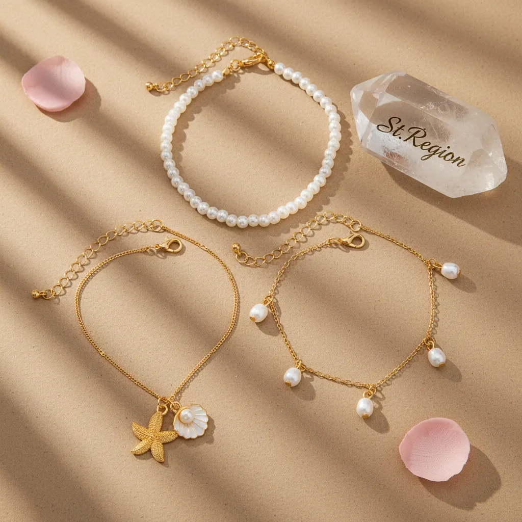 Pearl & White Enamel Goldtone Shell Starfish Charm Anklet Set sold by Zulily product image thumbnail 4