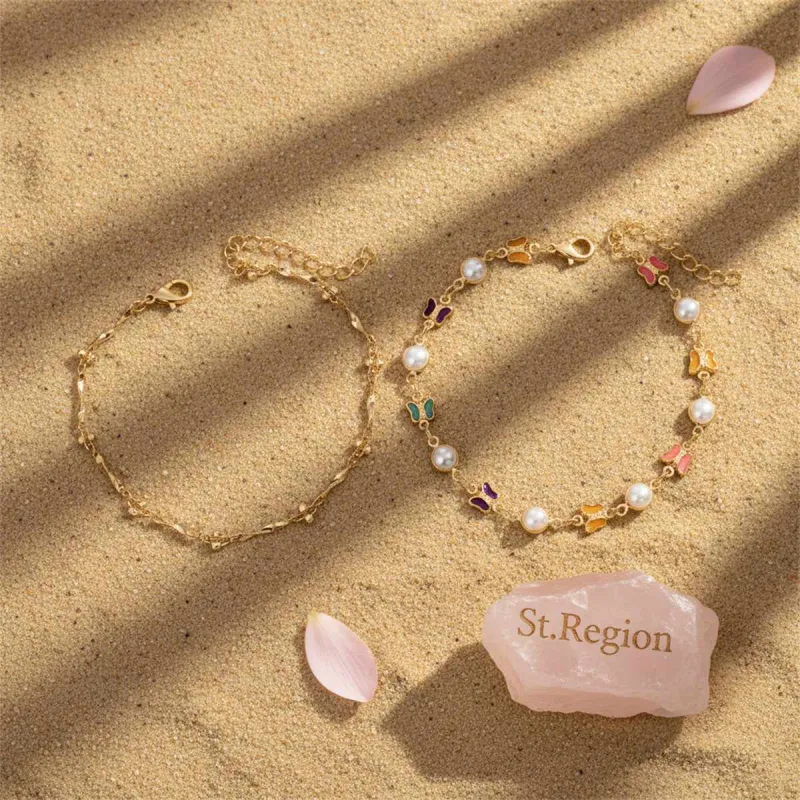 Multi-Colored Crystal & Pearl Goldtone Butterfly Station Anklet Set made by Zulily