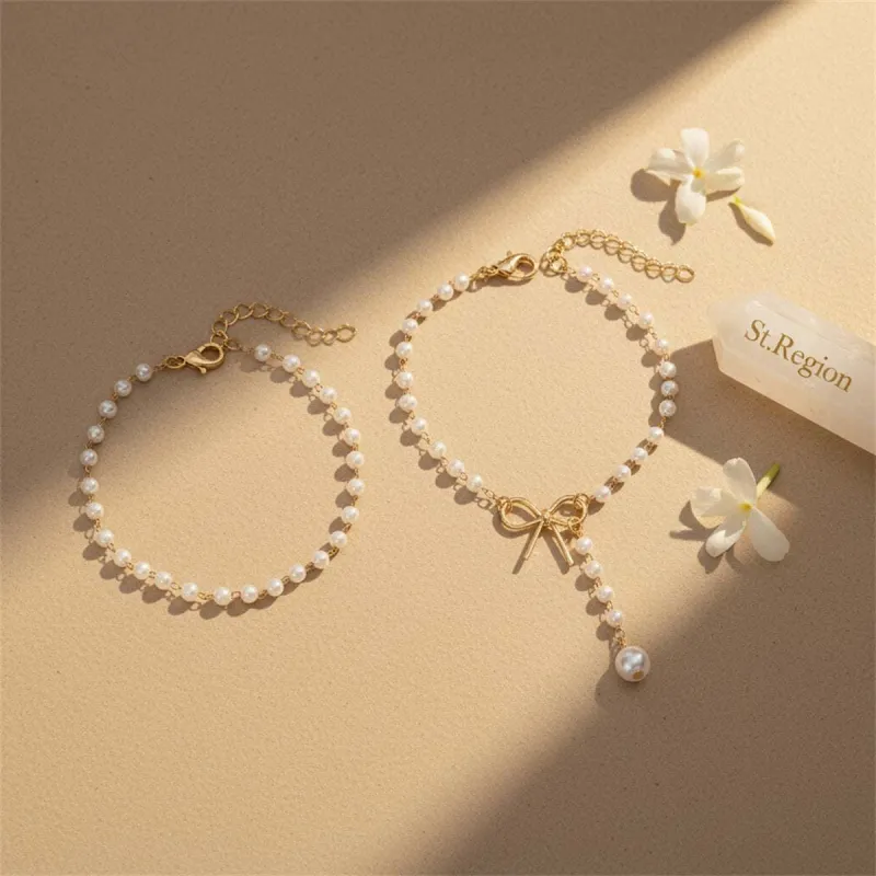 Pearl & Goldtone Beads Chain Bow Drop Anklet Set made by Zulily