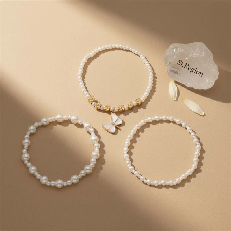 Pearl & Enamel Goldtone Flower Beads Butterfly Charm Stretch Anklet Set made by Zulily