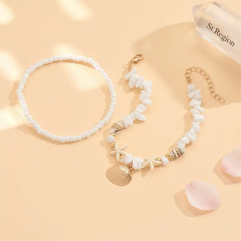 White Turqouise & Howlite Shell Goldtone Irregular Beads Anklet Set made by Zulily