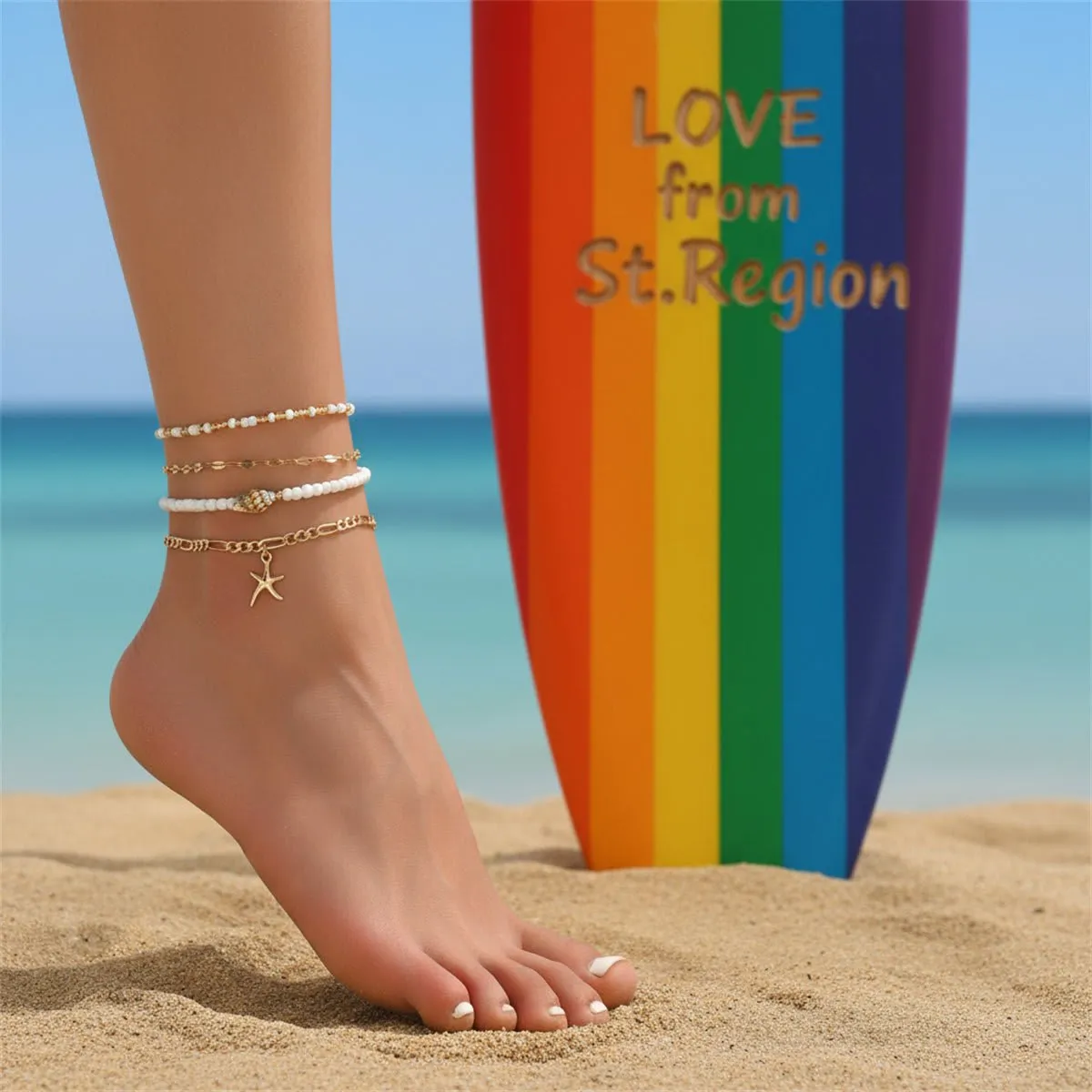 White Howlite & Shell Acrylic Goldtone Starfish Charm Anklet Set sold by Zulily product image thumbnail 2