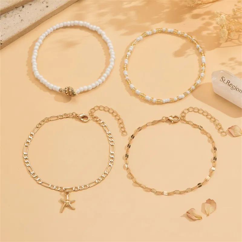 White Howlite & Shell Acrylic Goldtone Starfish Charm Anklet Set made by Zulily