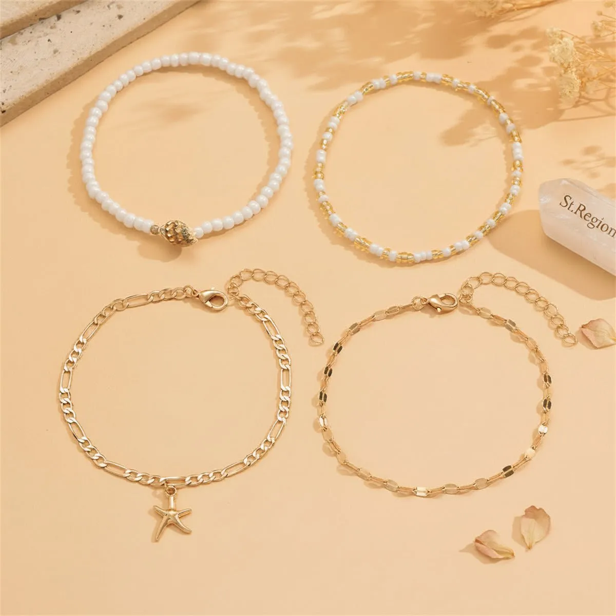White Howlite & Shell Acrylic Goldtone Starfish Charm Anklet Set sold by Zulily