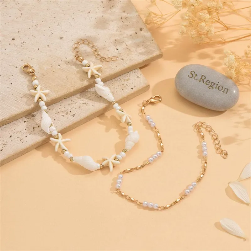 Pearl & Howlite Resin Goldtone Starfish Charm Anklet Set made by Zulily