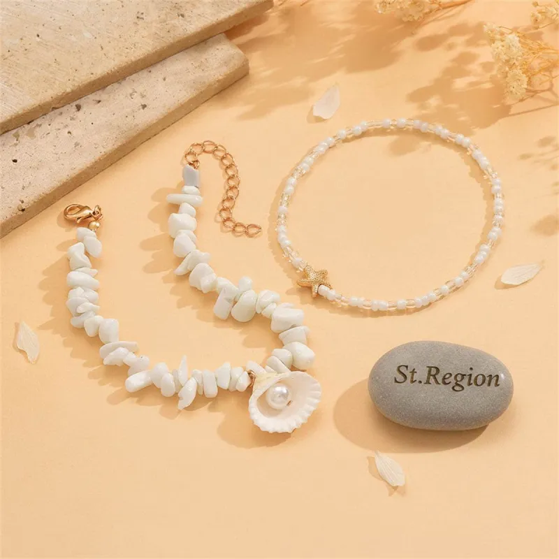 White Turqouise & Howlite Pearl Goldtone Shell Charm Anklet Set made by Zulily