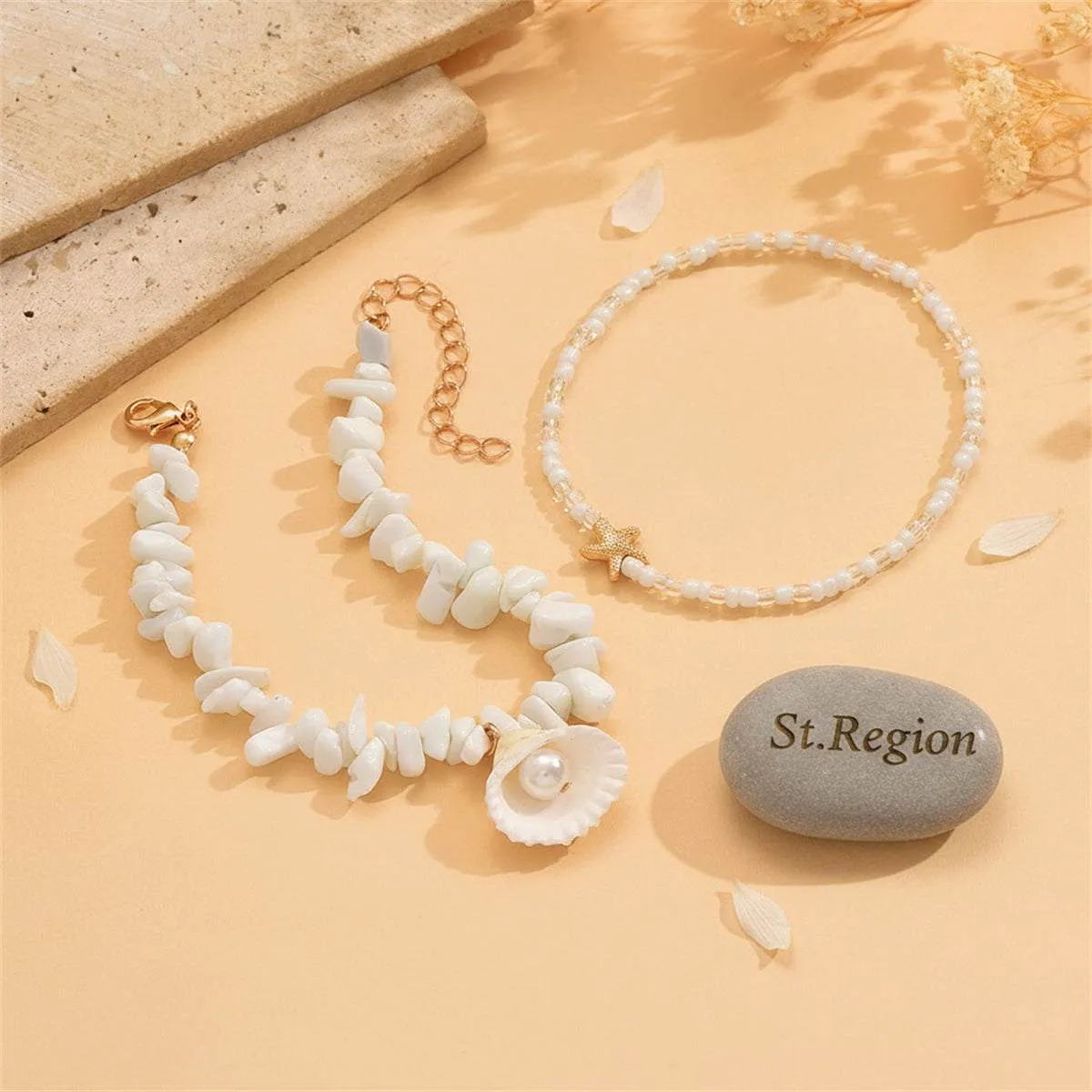 White Turqouise & Howlite Pearl Goldtone Shell Charm Anklet Set sold by Zulily