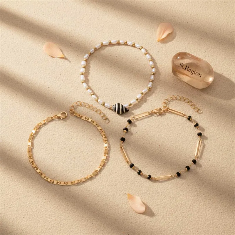 Black Acrylic & Pearl Shell Goldtone Paper Clip Station Anklet Set made by Zulily