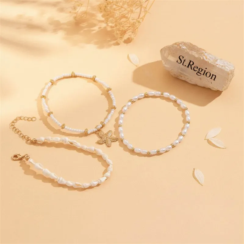 Shell & Pearl Howlite Goldtone Starfish Charm Stretch Anklet Set made by Zulily