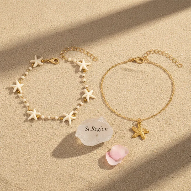 Resin & Goldtone Beads Chain Starfish Charm Anklet Set made by Zulily