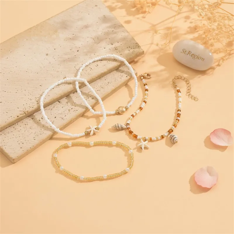 Howlite & Shell Resin Goldtone Shell Charm Stretch Anklet Set made by Zulily